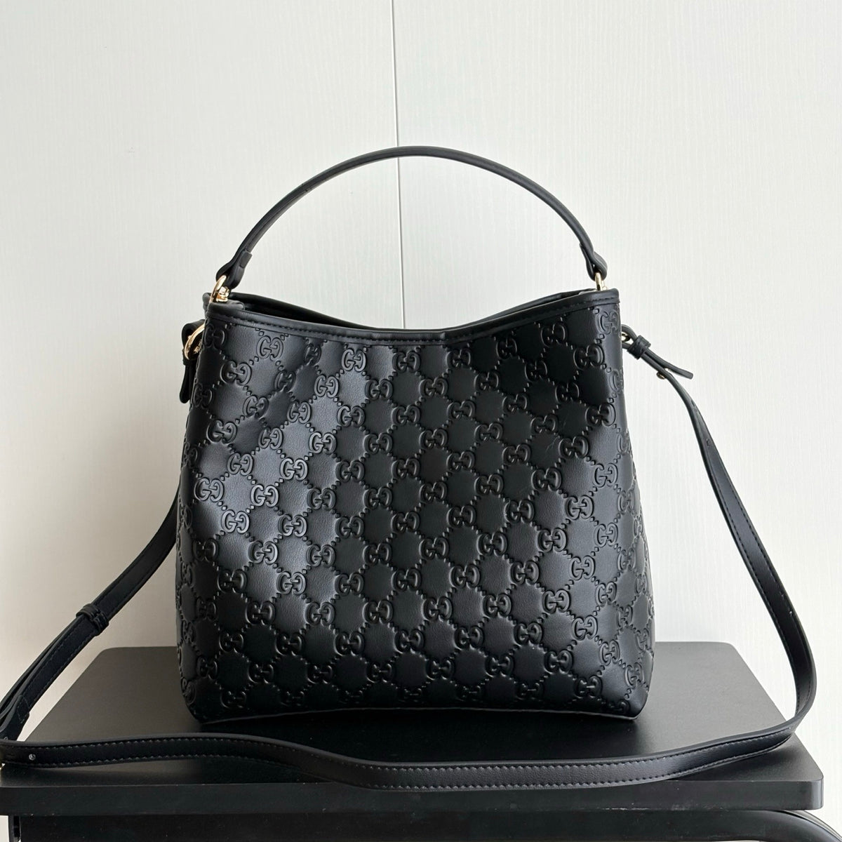 Gucci GG Emblem Small Bucket Bag Black 25Cm