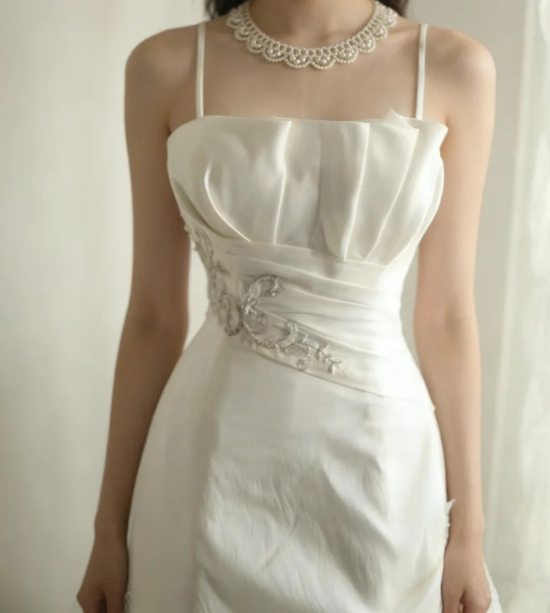 Elegant Satin Spaghetti Strap Beaded Draped A-Line Prom Dress TP5629