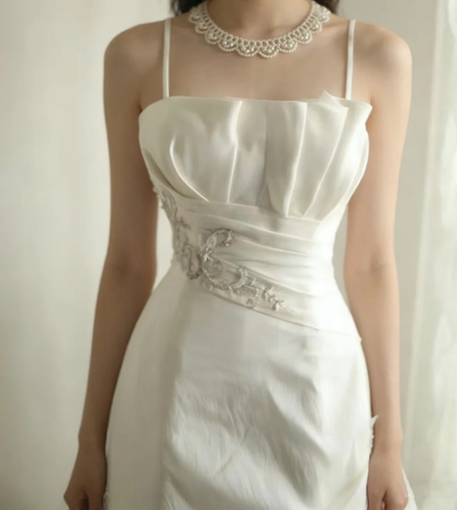 Elegant Satin Spaghetti Strap Beaded Draped A-Line Prom Dress TP5629