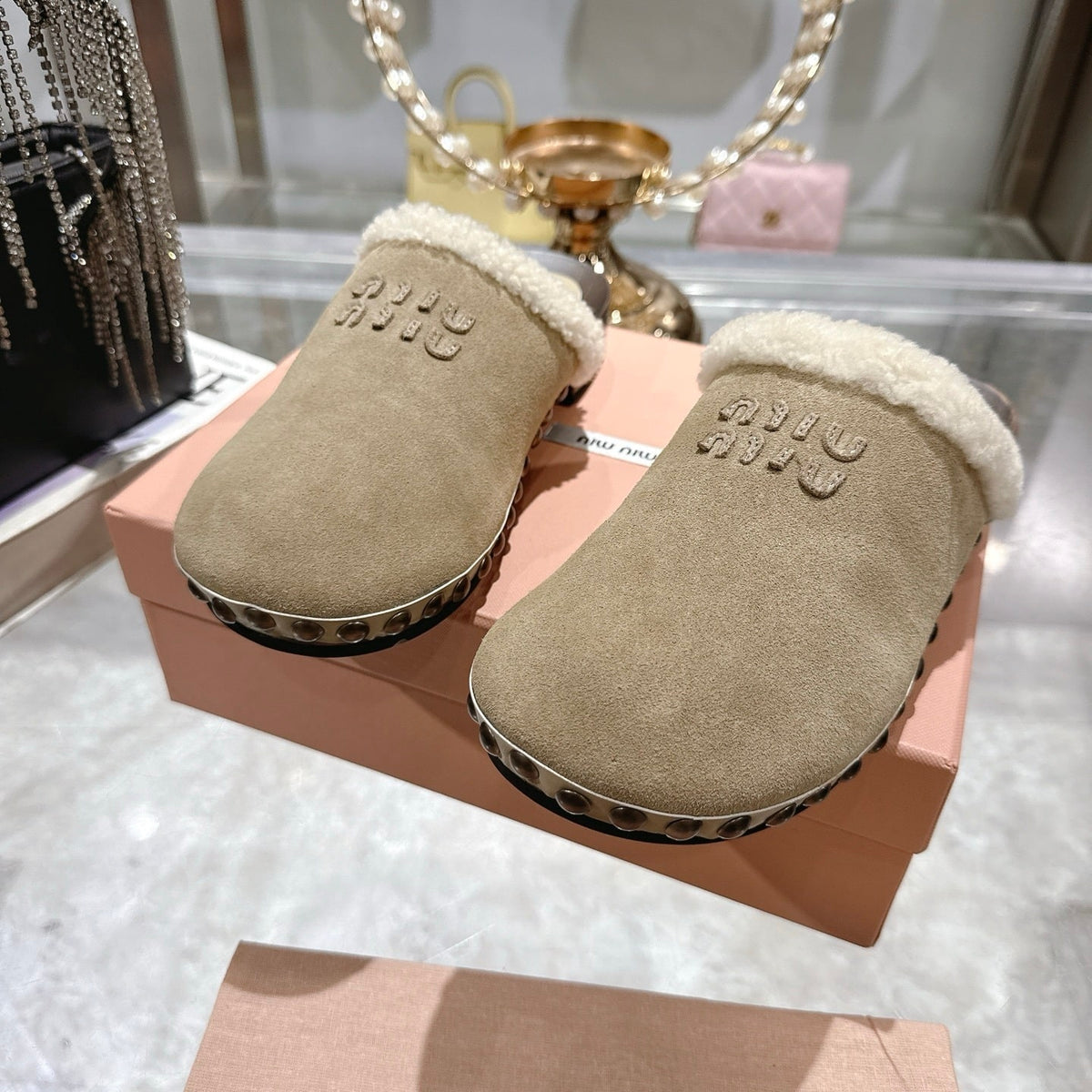 MIUMIU SUEDE CLOGS BEIGE