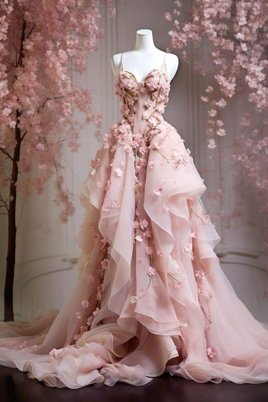 Sweet Pink Tulle Appliques Ball Gown Spaghetti Straps Floral Prom Evening Dress cc2384