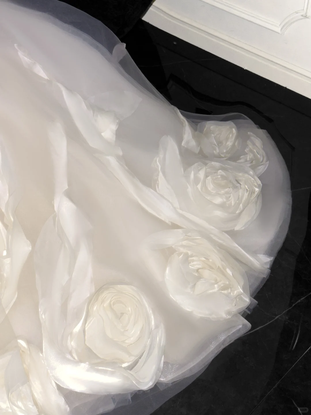 Elegant Ivory 3D Rose Satin Off-Shoulder A-Line Tulle Wedding Dress TP4221