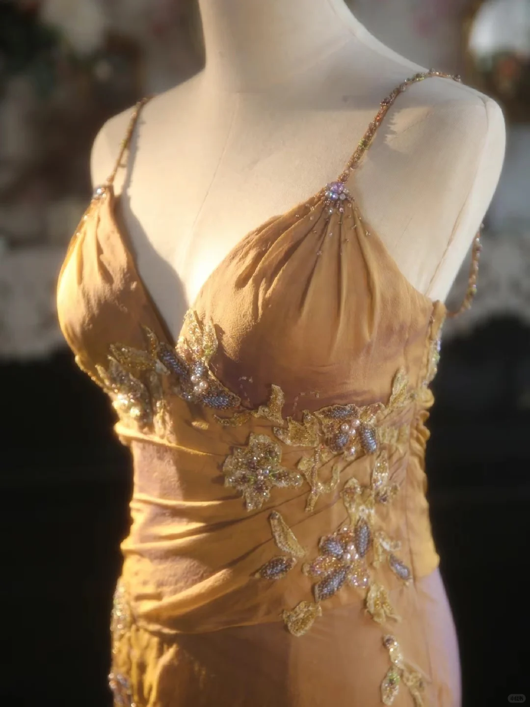 Vintage Saffron Yellow Spaghetti Strap Sequin Floral Applique Mermaid Evening Gown TP5530