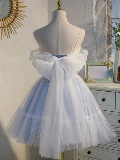 Vintage Light Blue Applique Sweetheart Spaghetti Strap Design A-line Tulle Party Dress Homecoming Dress TP4070