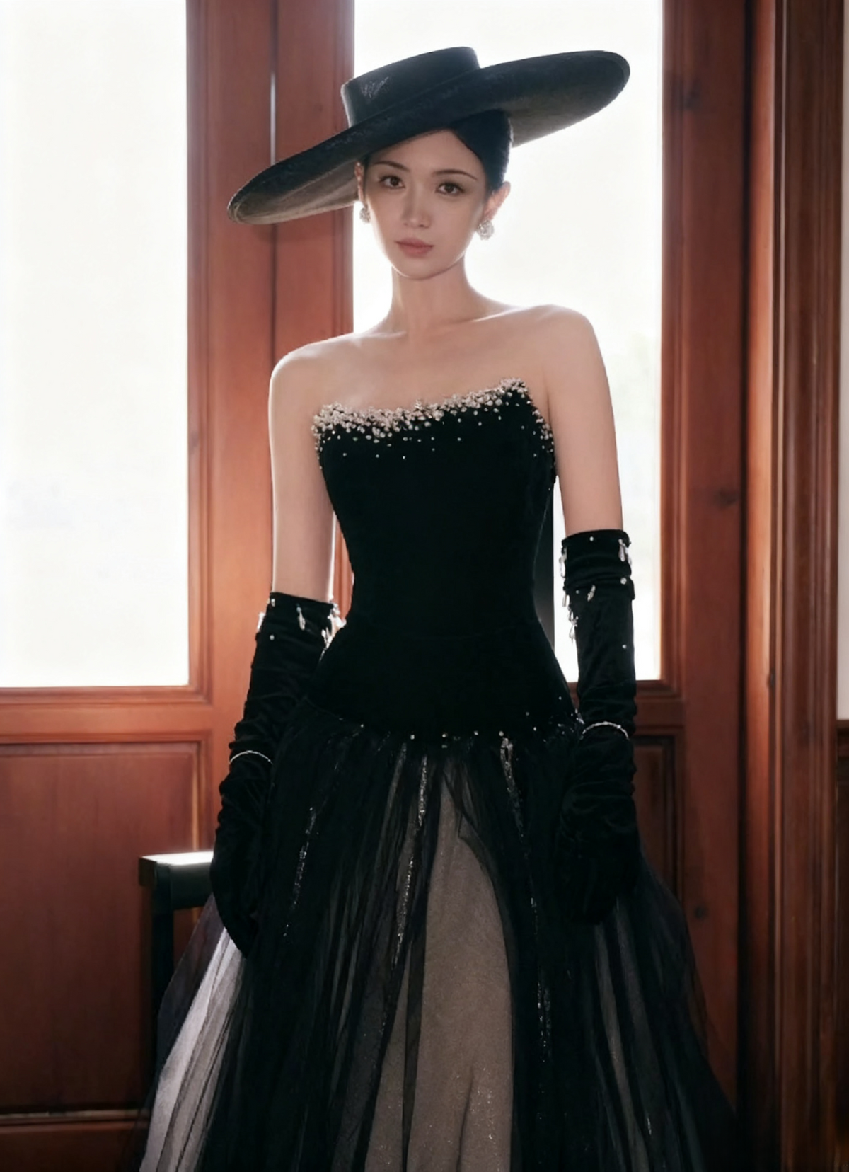 Glamorous Black Strapless Velvet Pearl-Embellished Sheer Tulle A-Line Evening Gown TP5432