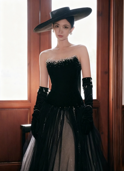 Glamorous Black Strapless Velvet Pearl-Embellished Sheer Tulle A-Line Evening Gown TP5432