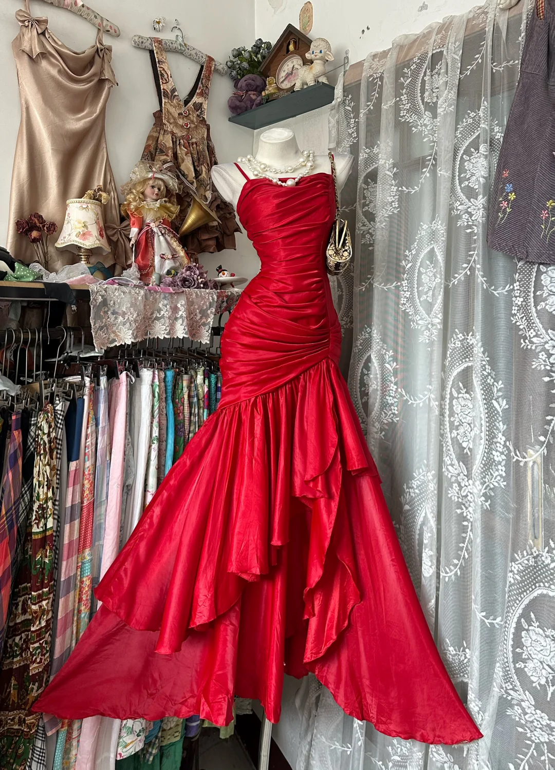 Vintage Red Satin Ruched High-Low Ruffle Mermaid Spaghetti Strap Formal Prom Dress TP5861