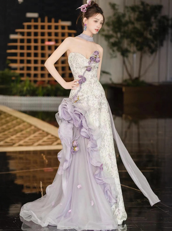 Glamorous Strapless Purple Satin Tulle Mermaid Prom Dress Evening Dress With Flowers Y8601
