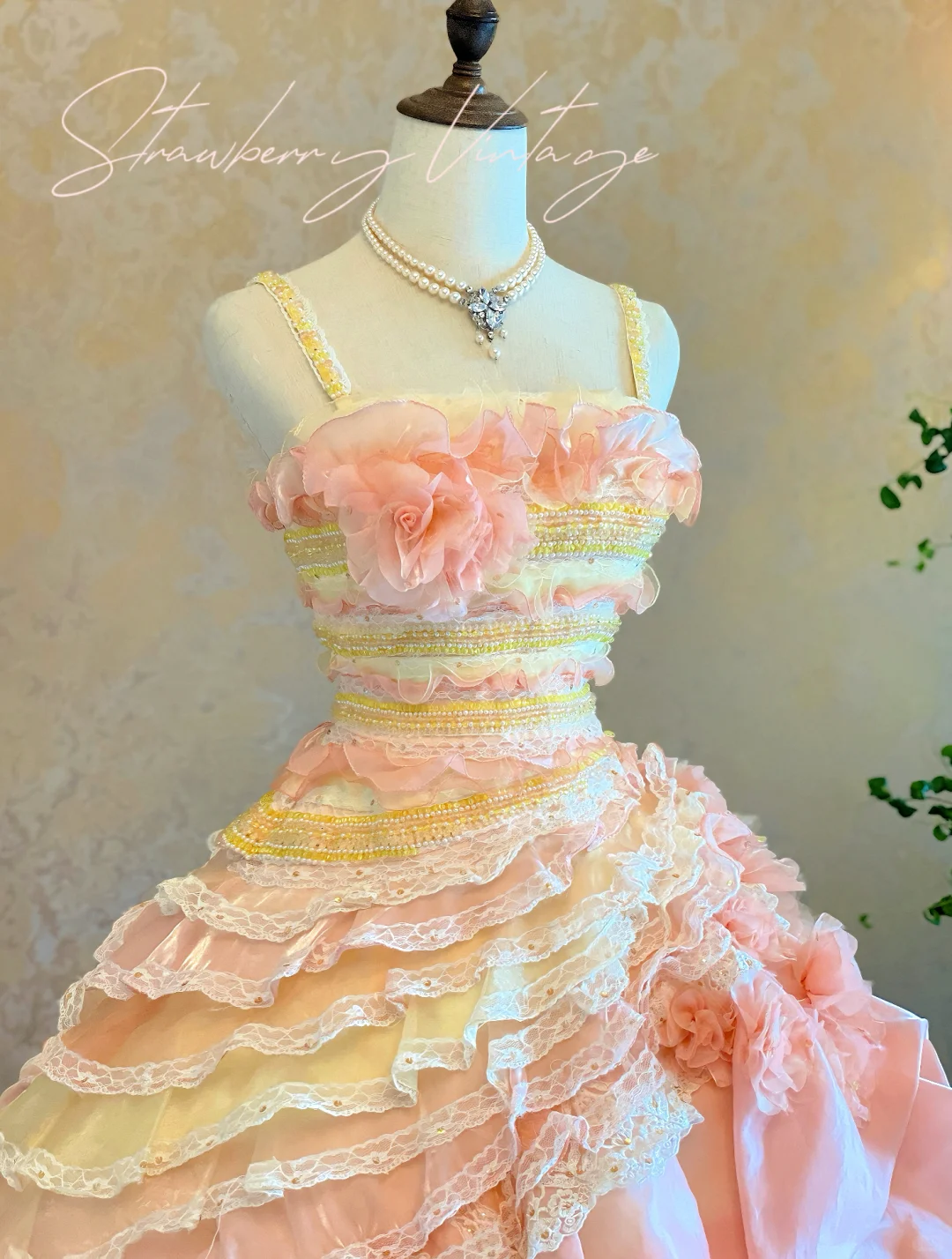 Vintage-Inspired Pastel Pink & Cream Tiered Ruffled Floral Quinceañera Ball Gown TP5158