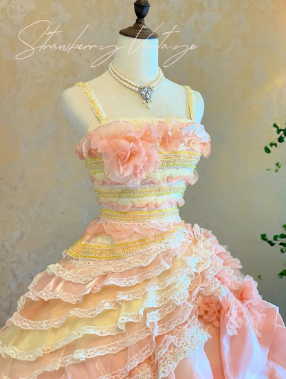 Vintage-Inspired Pastel Pink & Cream Tiered Ruffled Floral Quinceañera Ball Gown TP5158