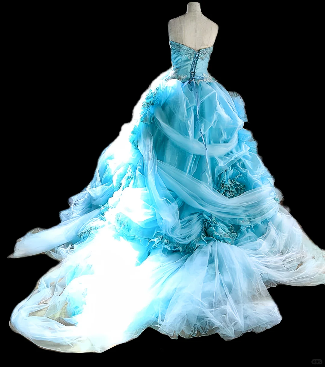 Glamorous Sky Blue Strapless Ruffled Tulle 3D Floral Sheer Drape Sweet 15 Quinceanera Ball Gown TP5495