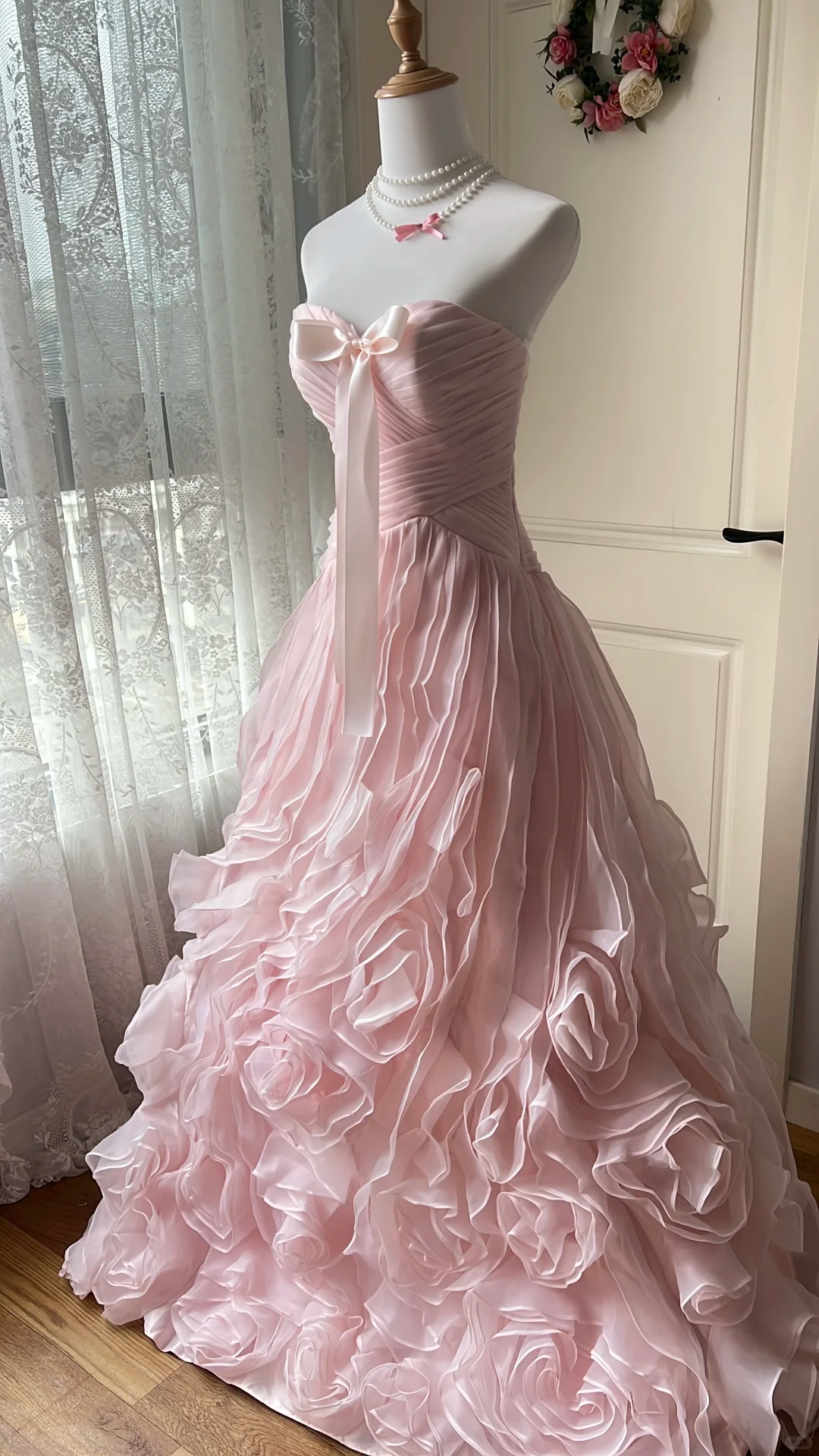 Vintage Pink Strapless 3D Rose Ruffle Organza Quinceanera Ball Gown TP5840