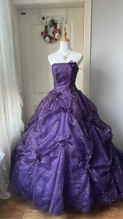 Glamorous Strapless Purple Sequin 3D Floral Tulle Quinceanera Ball Gown TP5835