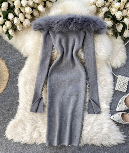 Black/white/gray autumn and winter fashion new sexy off-shoulder fashion fur collar slim hip knitted dress 11281