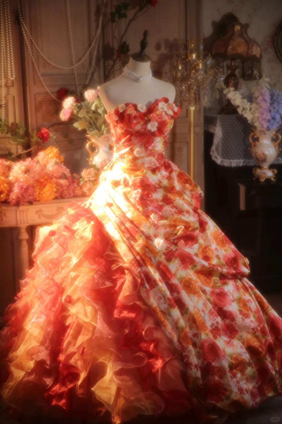 Vintage Floral Strapless Ruffled Formal Sweet 15 Quinceanera Ball Gown TP5528
