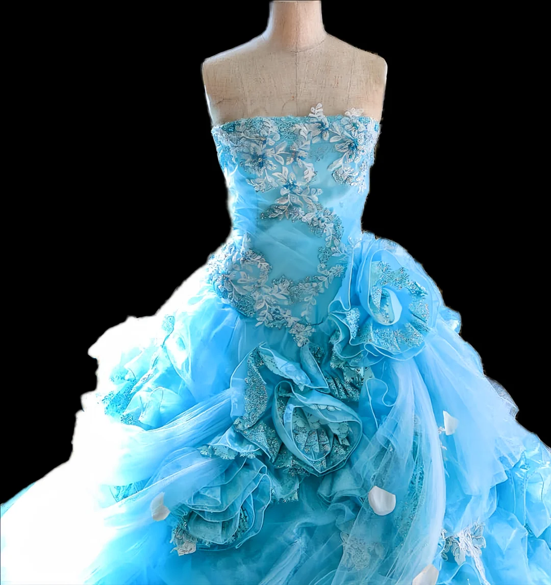 Glamorous Sky Blue Strapless Ruffled Tulle 3D Floral Sheer Drape Sweet 15 Quinceanera Ball Gown TP5495