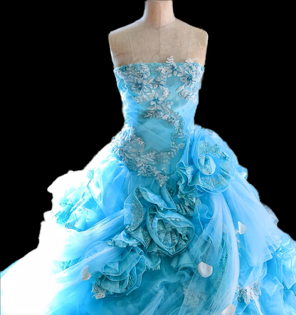 Glamorous Sky Blue Strapless Ruffled Tulle 3D Floral Sheer Drape Sweet 15 Quinceanera Ball Gown TP5495