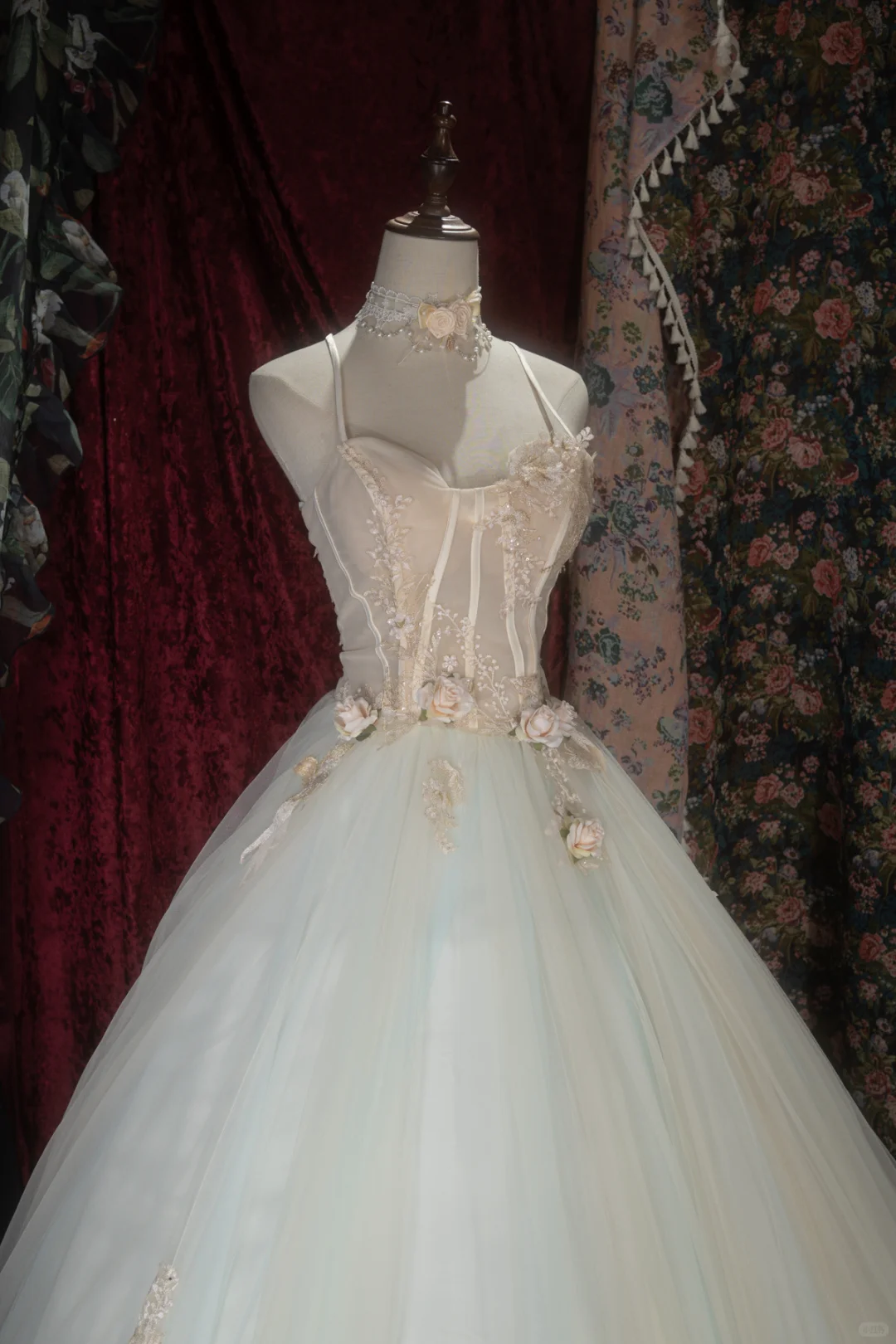 Gorgeous Mint Green Spaghetti Strap 3D Floral Appliques Ball Gown TP5792