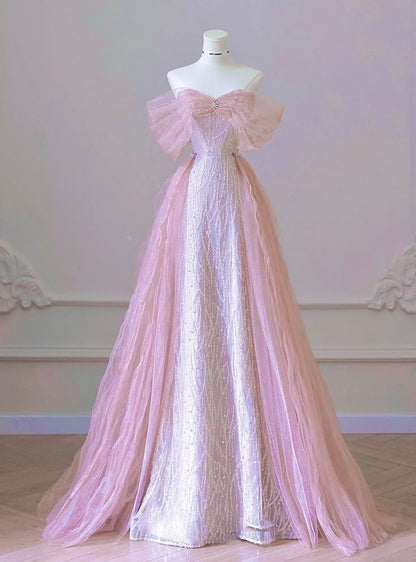 Vintage Pink Off-Shoulder Sequin Trumpet Evening Gown TP5183