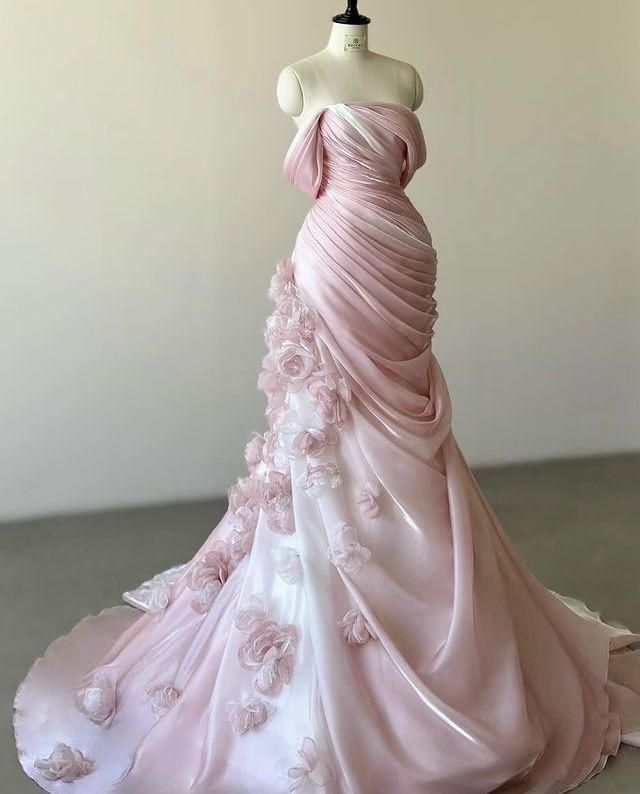 Pink gorgeous exquisite floral mermaid slim strapless long tulle floor-length ball gown evening wedding dress gh3396