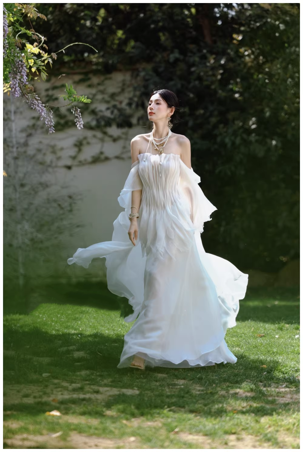 Fairy Off The Shoulder White Chiffon Pleated Pearls Long Party Dress Birthday Evening Gown