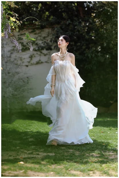Fairy Off The Shoulder White Chiffon Pleated Pearls Long Party Dress Birthday Evening Gown