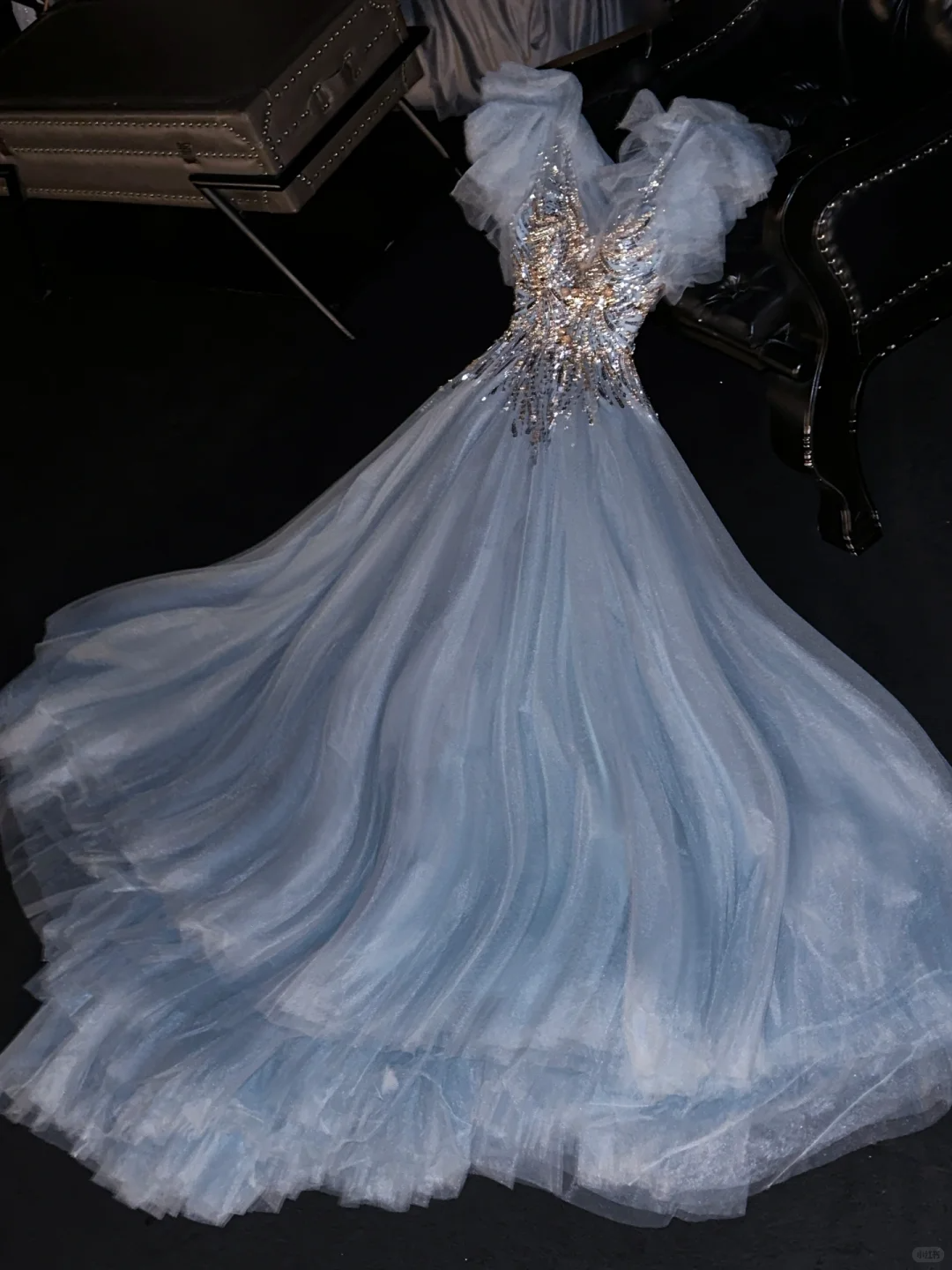 Elegant Light Blue Tulle Silver Sequin Formal Evening Gown TP5405