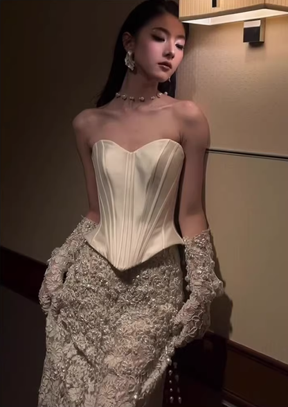 Fairy Strapless White Lace Pearls Mermaid Evening Dress Birthday Party Gown With Gloves