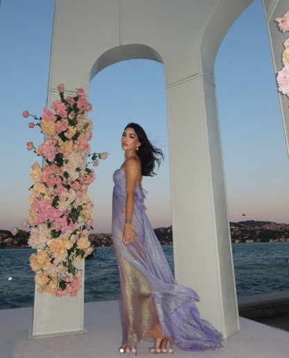 Classy Halter Purple Tulle Pleated Mermaid Long Party Dress Formal Wedding Guest Dress SP1160