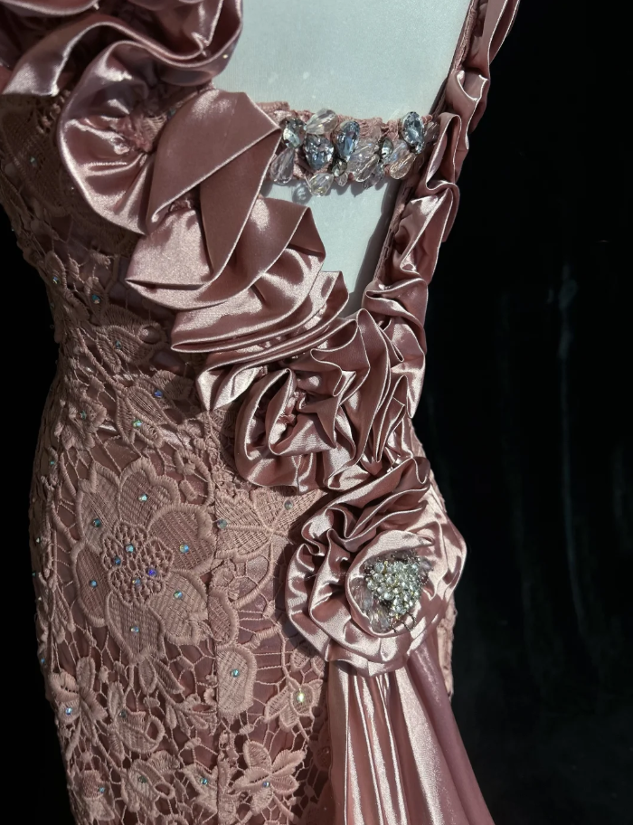 Pretty Pink V Neck Lace Mermaid Birthday Prom Dress Long evening Dress Party Gown