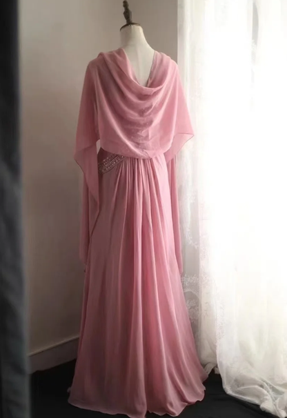 Fairy Pink Chiffon Sequin Beaded Mermaid Long Party Dress Birthday Evening Gown