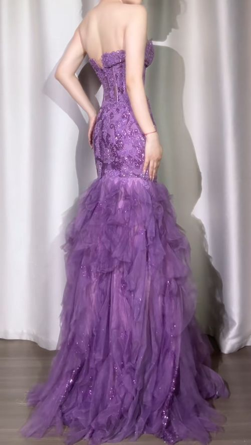 Glamorous Strapless Purple Tulle Lace Sequin Mermaid Evening Dress Long Birthday Party Dress SP1682