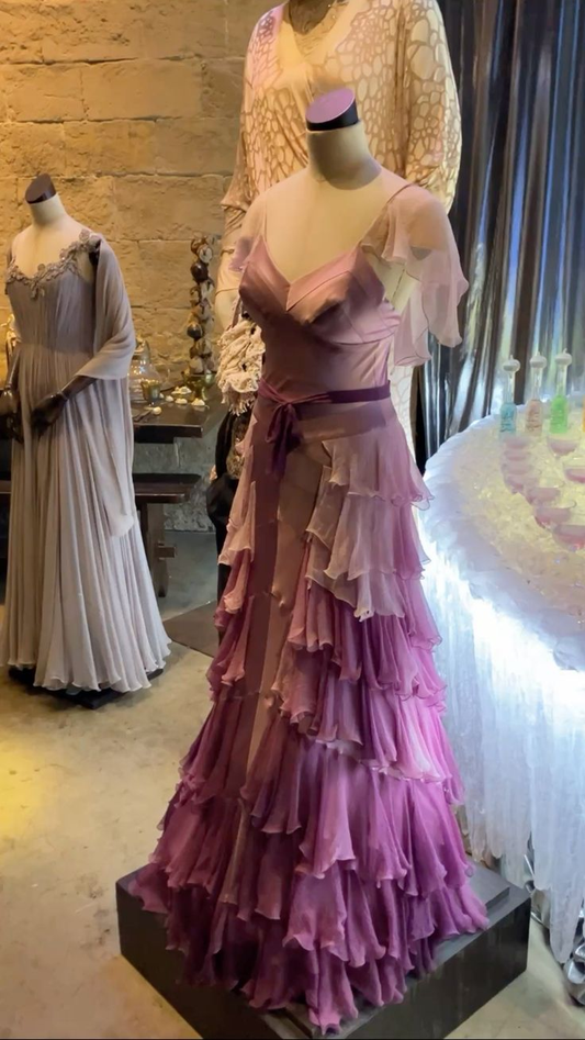 Unique Spaghetti Straps V Neck Ombre Purple Layered Chiffon Long Party Dress Birthday Evening Gowns