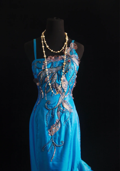 Unique Blue Green Strapless Satin Beaded Long Wedding Guest Dress Formal Birthday Party Dress Prom Gown