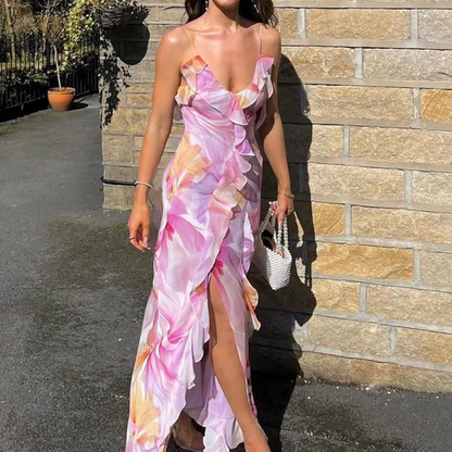 Beautiful Chiffon Print Floral Ruffles Evening Dress,Slit Long Prom Party Gown cc2543