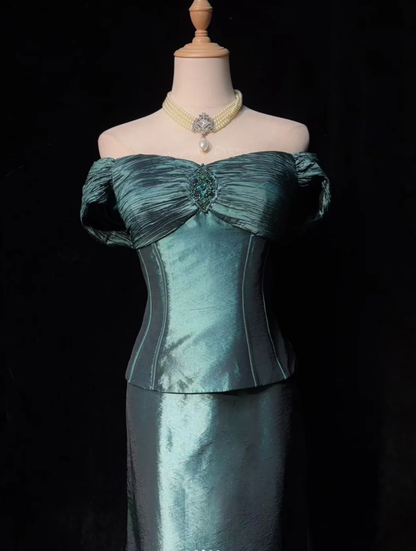 Retro Green Off The Shoulder Satin Pleated Mermaid Evening Dress Long Wedding Guest Dress SP1787