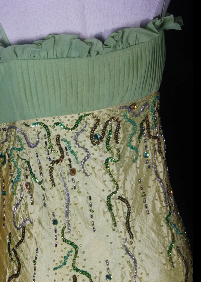 Chic Spaghetti Straps Yellow-green Satin Beaded Mermaid Long Party Dress Birthday Evening Gown With Ruffles
