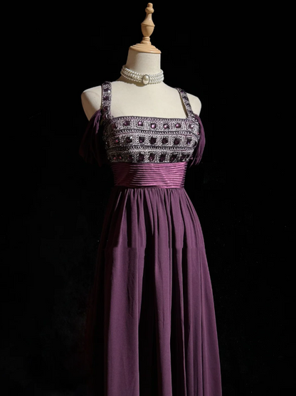 Stylish Spaghetti Straps Satin Beaded A Line Long Wedding Guest Dress Purple Long Evening Dress Party Gown