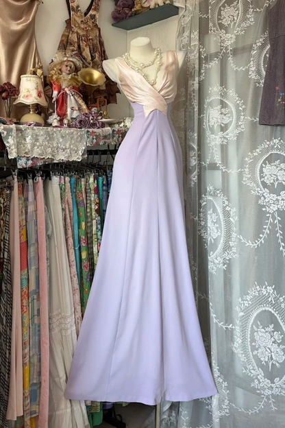 Retro V Neck Lilac Satin Mermaid Long Party Dress Prom Gown