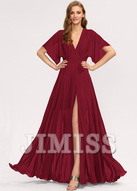 A-line V-neck floor-length chiffon bridesmaid dress
