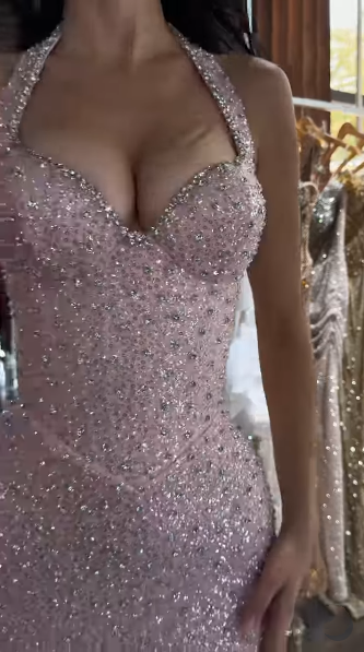 Glitter Pink Halter Sequin Beaded Mermaid Party Dress Long Birthday Prom Gown SP803