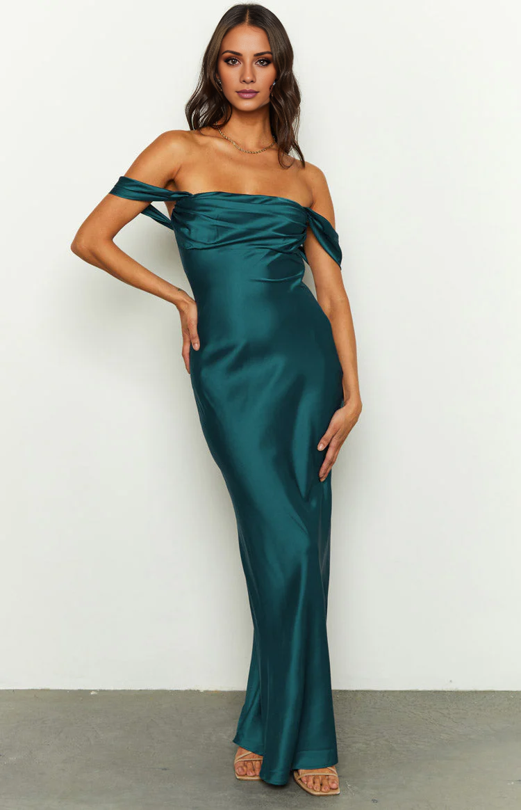 off shoulder minimalist sleeveless backless satin long Prom dress