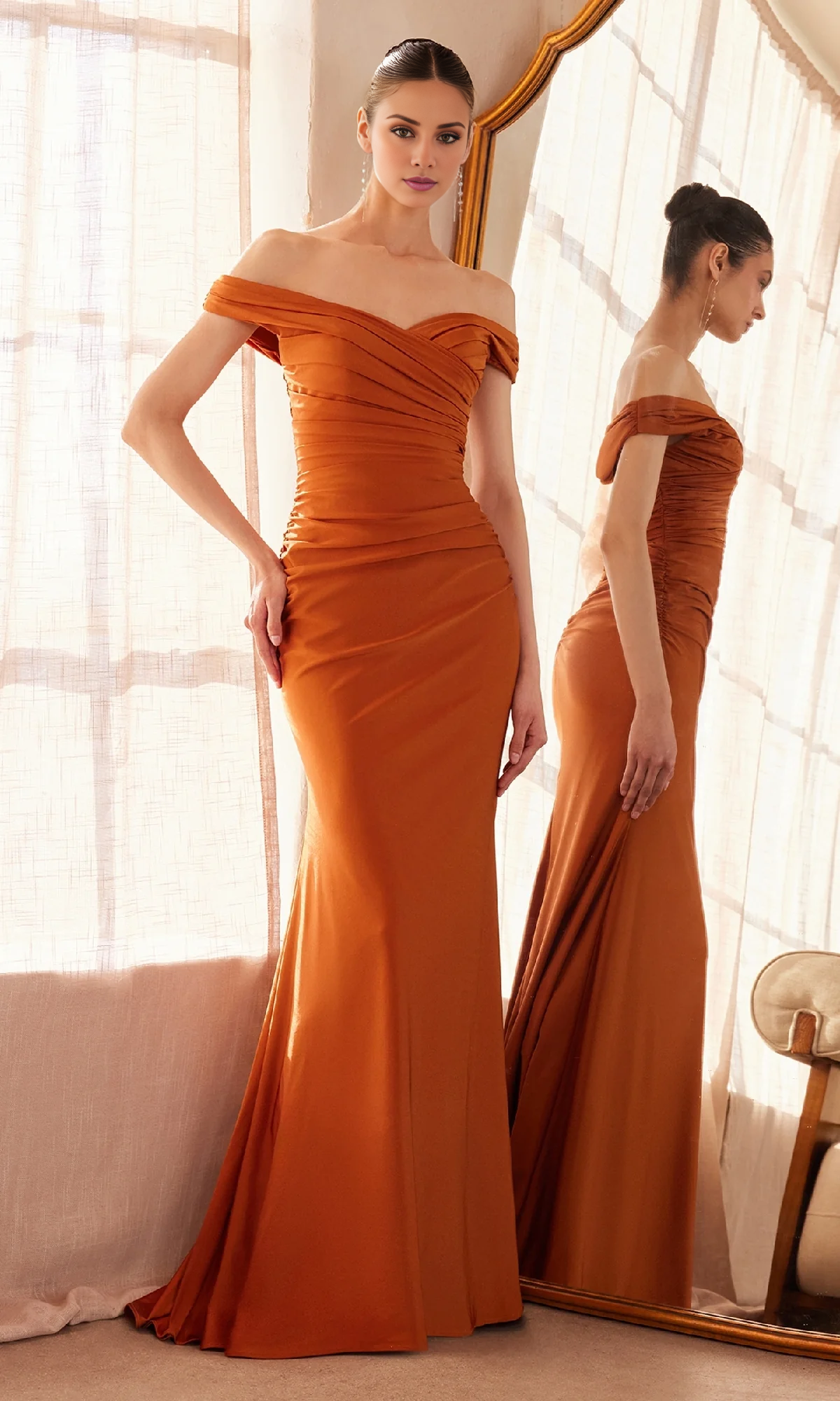 off shoulder pleated satin backless and floor length evening dress