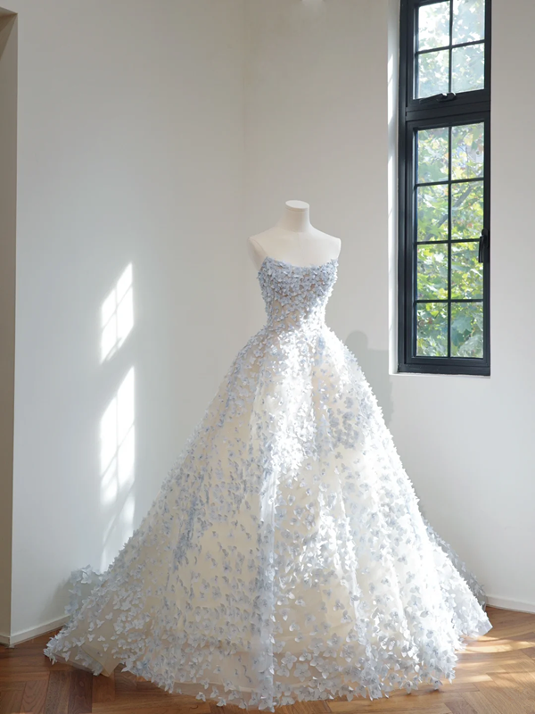 Light blue floral appliqué strapless fitted waist ball gown/bridal dress R8458