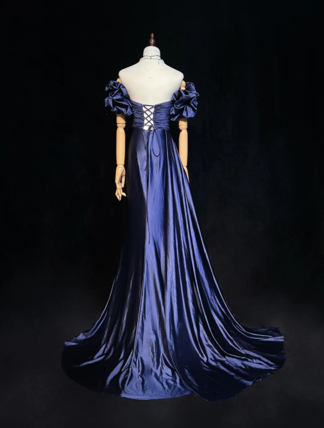 Elegant Off The Shoulder Navy Blue Satin Beaded Mermaid Long Evening Dress 18th Birthday Outfits SP1960