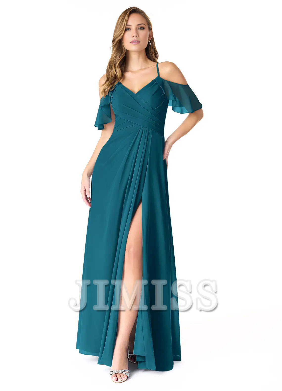 A-line V-neck pleated chiffon side slit and floor length bridesmaid dress - Dress