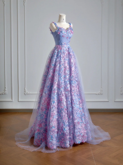 Purple floral halter-neck fitted A-line long ball gown R8146