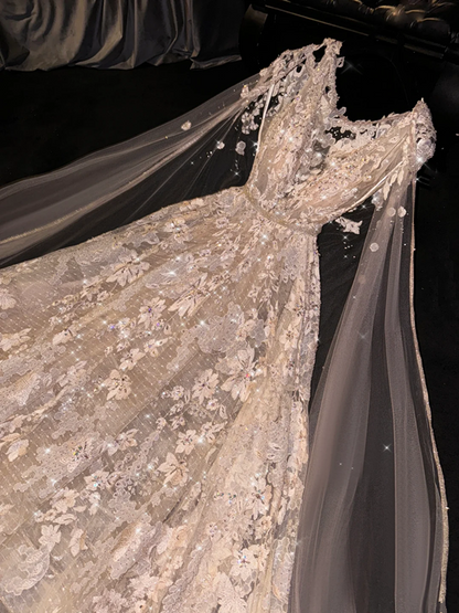 Light apricot lace V-neck fitted waist long ball gown/bridal dress R8739