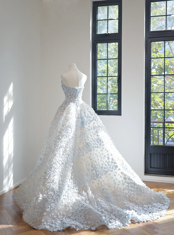 Light blue floral appliqué strapless fitted waist ball gown/bridal dress R8458