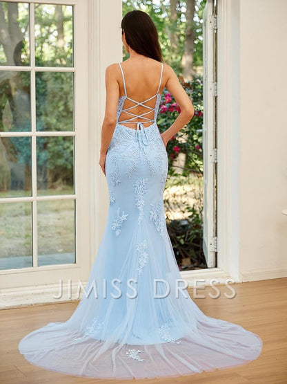 chiffon applique ball dress 2026 long back lace up mermaid thin shoulder strap women's evening dress